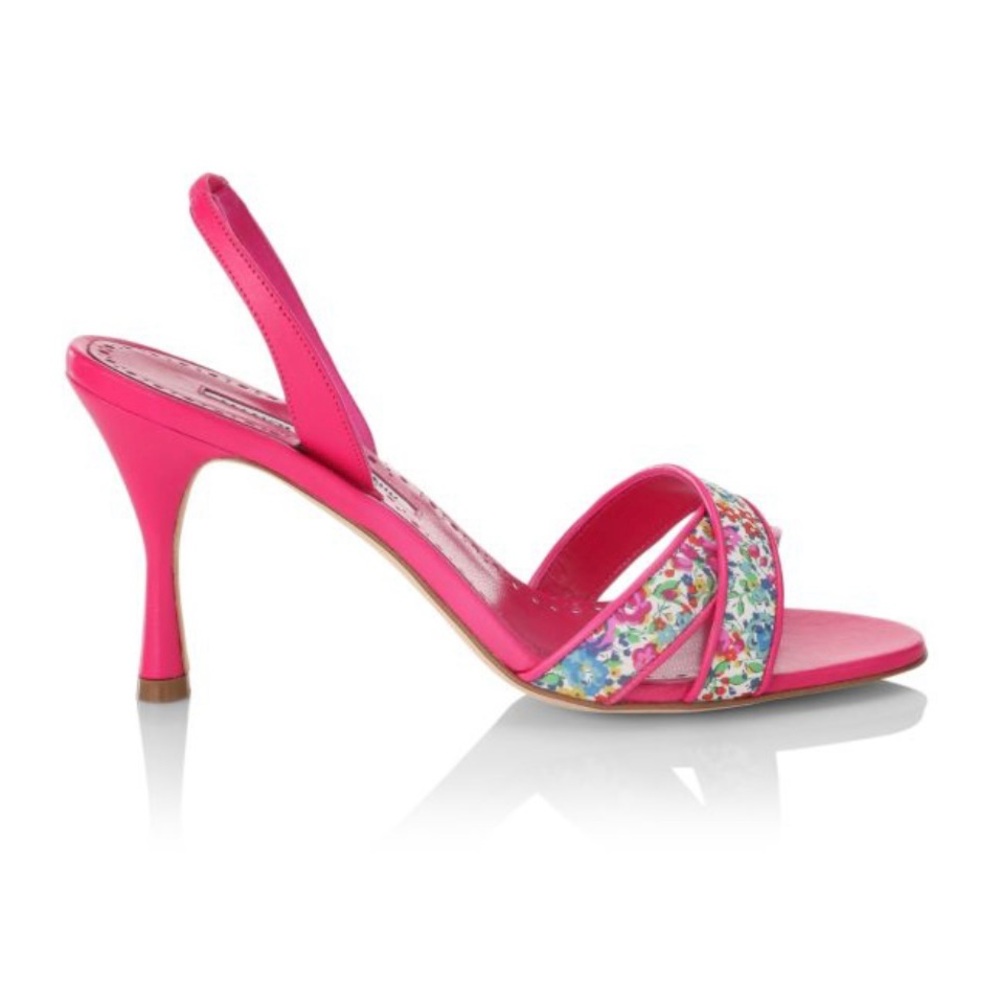 Manolo Blahnik Lasista Floral Leather Slingback Sandals Size 37.5